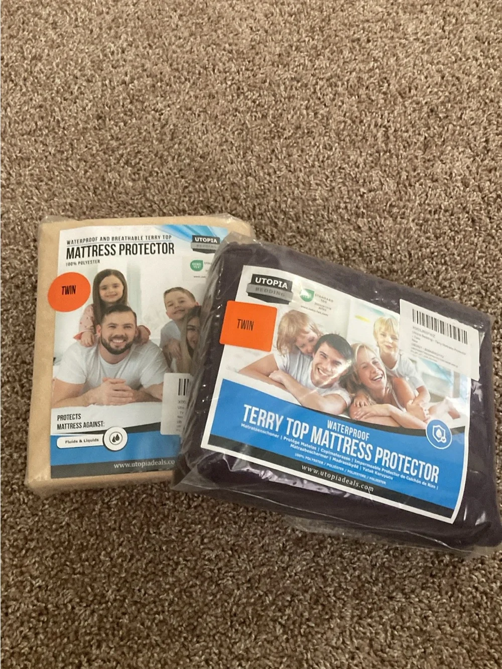2 NEW-in-pkg. Utopia TWIN Terry Top Waterproof Mattress Protectors, Tan & Purple